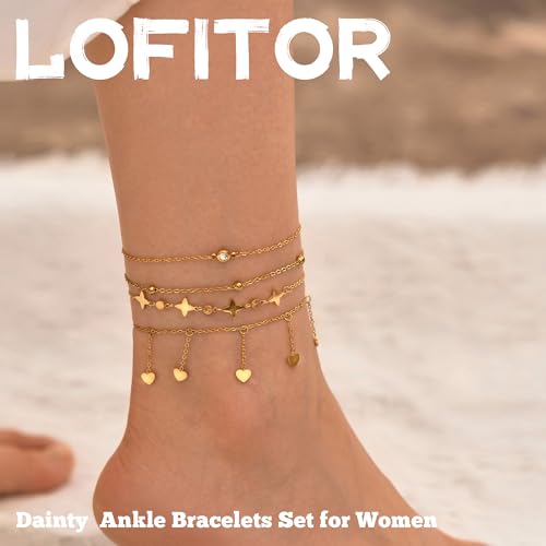 LOFITOR Anklets for Women Ankle Bracelet Charm Link Chain Set Foot | Waterproof Dainty Cz Evil Eye Beaded Anklets Adjustable Beach Foot Jewelry Feet Chains, Summer Beach Foot Jewelry Gifts - style: Heart Gold