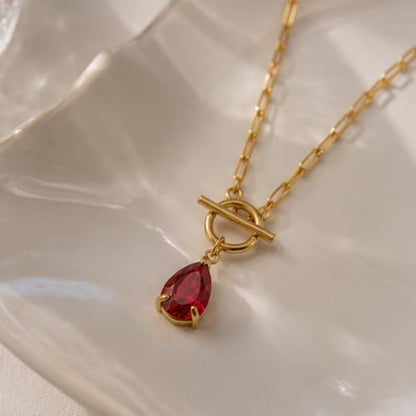 Teardrop CZ Pendant Paperclip Chain Necklace 18K Plated Paperclip Toggle Necklace Jewelry Birthstone Gift for Women - color: Garnet-January