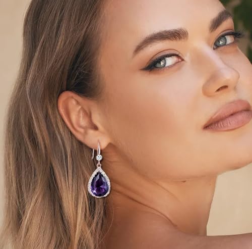 Crystal Drop Earrings for Women Cubic Zirconia Teardrop Earrings Sparkling Rhinestone Dangle Earring - color: Gold Purple