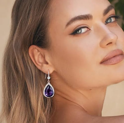 Crystal Drop Earrings for Women Cubic Zirconia Teardrop Earrings Sparkling Rhinestone Dangle Earring - color: Gold Purple