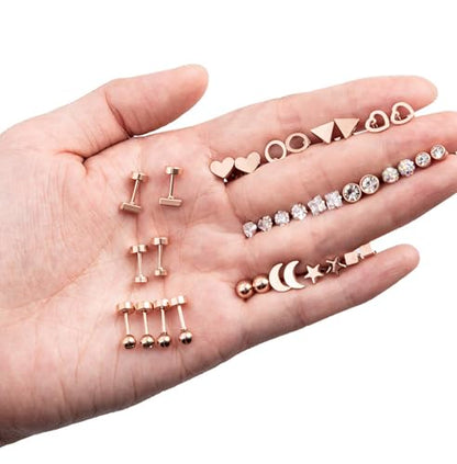18Pairs 20G 18G Stainless Steel Tiny Stud Earrings for Women Cartilage Helix Earrings Ball Star CZ Earrings - color: Rose Gold, size: 20G