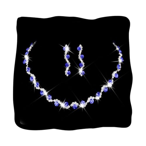 Bride Silver Necklace Earrings Set Crystal Bridal Wedding Jewelry Set Rhinestone Choker Necklace for Women and Brides - color: Blue