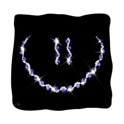 Bride Silver Necklace Earrings Set Crystal Bridal Wedding Jewelry Set Rhinestone Choker Necklace for Women and Brides - color: Blue