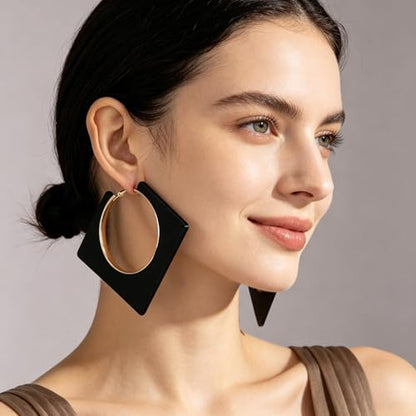 Colorful Large Hoop Earrings for Women Big Square Hollow Hoops Dangle Earrings Trendy Chunky Geometric Square Earring 80s 90s Neon Hoop Dangle Earrings - color: black