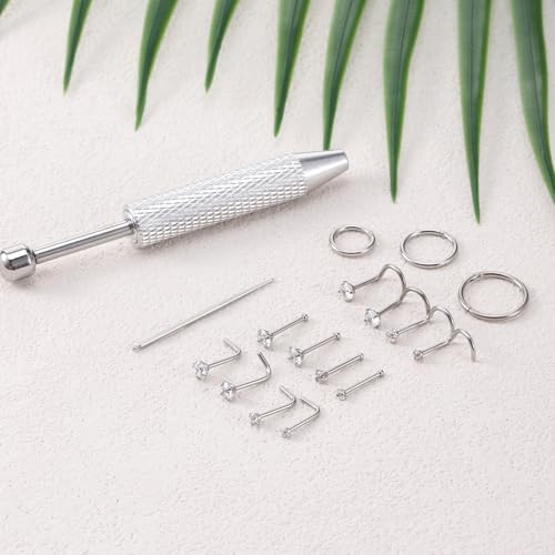 17PCS 18/20G Nose Stud Set, Spiral and L-Shaped Nostril Piercing Jewelry, Anti-Sensitive Stainless Steel Hoop Nose Ring for Auricle Ear Cartilage Tragu Earring Lip Noses, Suitable for Women Men