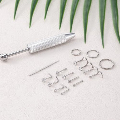 17PCS 18/20G Nose Stud Set, Spiral and L-Shaped Nostril Piercing Jewelry, Anti-Sensitive Stainless Steel Hoop Nose Ring for Auricle Ear Cartilage Tragu Earring Lip Noses, Suitable for Women Men