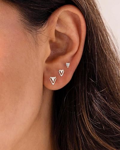 3 Pair Tiny Flat Back Earrings for Women - 14K Gold/White Gold Plated Dainty Cute Small Screw Flatback Stud Earring, Everyday Wear Gift - color: cz triangle silver