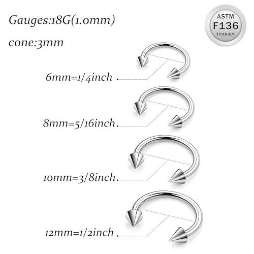 Ruifan 20G 18G 16G 14G 12G Horseshoe Nose Ring Titanium Septum Rings Piercing Jewelry Cartilage Conch Helix Rook Lip Tragus Earring Hoop Eyebrow Retainer For Women Men 6mm 8mm 10mm 12mm 14mm 16mm 19mm - size: Spike: 18G - 10MM