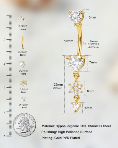 Jewseen Dangle Flower Belly Button Rings 14G Dangle Heart Navel Ring 10MM Gold Curved Barbell Belly Button Piercing for Women Stainless Steel Dainty Navel Piercing Jewelry - color: Gold