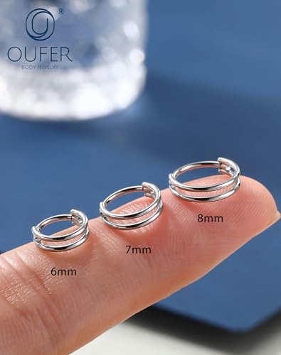 OUFER Nose Rings Hoops, 20G Double Rows Hoop Nose Ring For Women, 316L Surgical Steel Hinged Segment Cartialge Piercing, Inner Diameter 6/7/8MM Cartilage Rook Helix Lobe Tragus Earrings - color: Silver