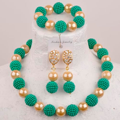 Nigerian Wedding African Beads Jewelry Set Women Simulated Pearl Necklace and Earrings - color: Army Green-Champagne Gold