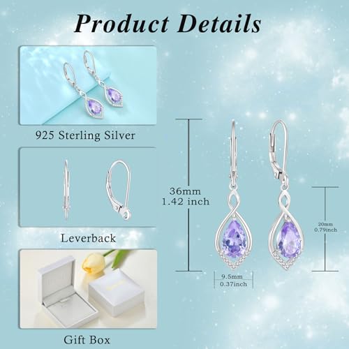 Infinity Teardrop Earrings 925 Sterling Silver Dangle Drop Leverback Earrings Birthstone Jewelry for Women - color: Light Lavender