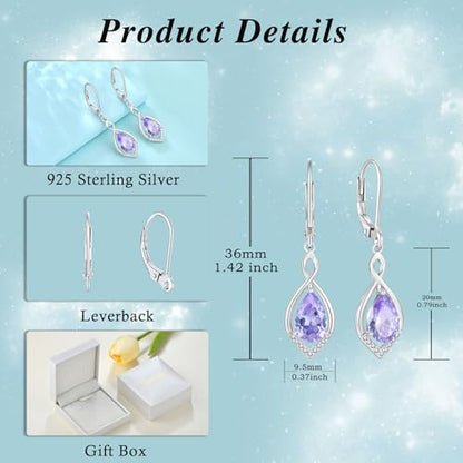 Infinity Teardrop Earrings 925 Sterling Silver Dangle Drop Leverback Earrings Birthstone Jewelry for Women - color: Light Lavender