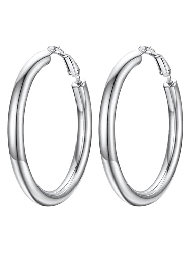 PROSTEEL Chunky Hoop Earrings for Women 14K Gold Plated/Black/Silver | 20/30/40/50/60/70/80mm Stainless Steel Thick Big Round Hoop with Waterproof and Non Tarnish Trendy Jewelry with Gift Box - color: 1. Silver, size: 50MM
