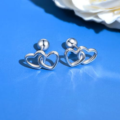 JSGEMSLEE Hypoallergenic 925 Sterling Silver Stud Earrings for Women With Screw Back Small Butterfly Heart Flower Earrings for Girls Tragus Cartilage Jewelry Gifts - color: double heart