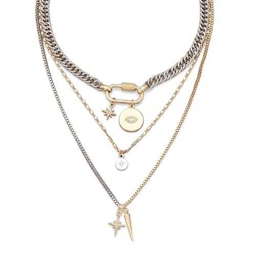 Mixed Metal Stack for Women, Multi Layered Two Tone Gold and Silver Coin Pendant Paperclip Stacked Necklace with Star and Celestial Charms, Chunky Trendy Statement Jewelry Gifts - color: Gold