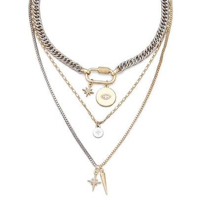 Mixed Metal Stack for Women, Multi Layered Two Tone Gold and Silver Coin Pendant Paperclip Stacked Necklace with Star and Celestial Charms, Chunky Trendy Statement Jewelry Gifts - color: Gold