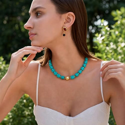 Multicolor Beaded Necklace,Chunky Cube Beaded Statement Necklace, Boho Resin Choker Necklace for Women,Lightweight & Cool, Suitable for Beach, Vacation, Daily Wear & Summer Parties - color: Turquoise
