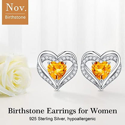 Iefil Birthstone Earrings for Women - 925 Sterling Silver Heart Stud Earrings Birthday Gifts for Women - color: 11-Nov-Created Citrine