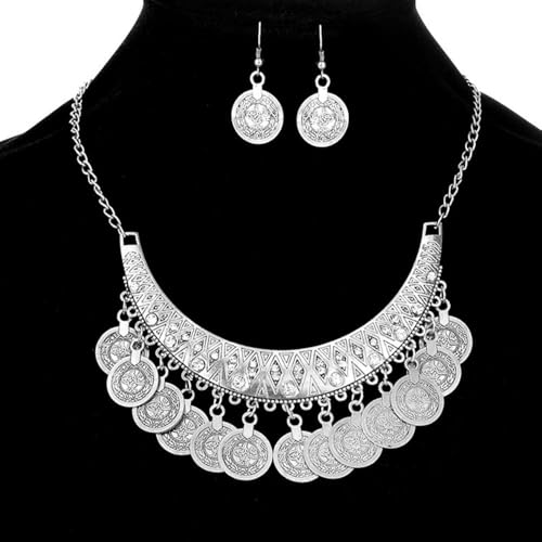 Chunky Coin Necklace Earrings Set,Bohemia Plated Gold Coin Tassel Personalized Choker Earrings,Ethnic Gypsy Statement Jewelry Set for Women - color: Silver