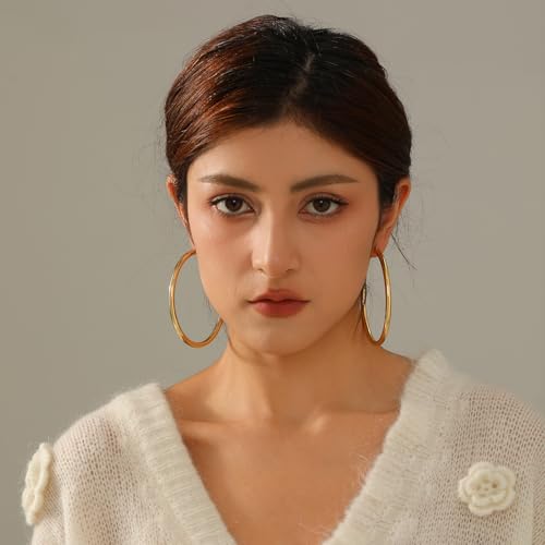 4mm Thick Gold Chunky Earrings Steling Silver Post Hoops Earrings For Women Hollow Tube Hoops Earrings Thick Gold Hoop Earrings Hypoallergenic Lightweight Gold Hoop Large Earrings 20/30/40/50/60MM - color: Gold,70mm