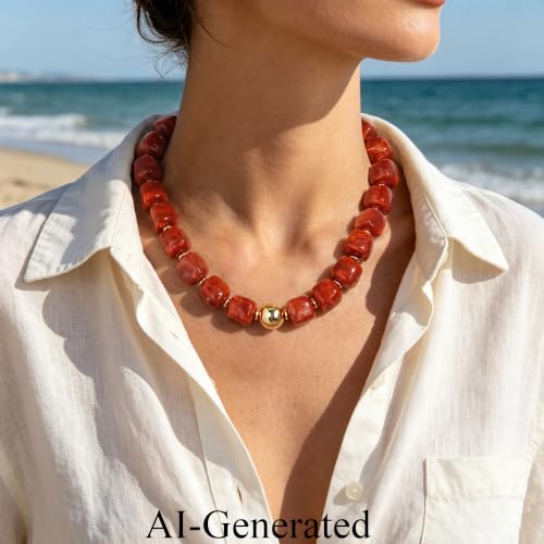 Ritach Chunky Beaded Necklaces for Women - Colorful Large Square Acrylic Beaded Necklace Boho Chunky Necklace Adjustable Statement Choker Necklace for Women Waterproof Summer Beach Jewelry Gifts - color: Red