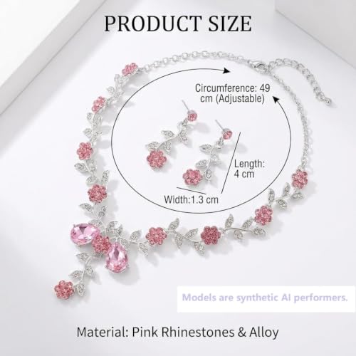 Kamirola Women's Wedding Jewelry Leaf Cluster Flower Crystal Dangle Earrings Pendant Necklace Set for BridalCrystal Bridal Jewelry Set - color: Silver Pink