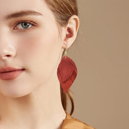 Genuine Leather Handmade Fringe Feather Lightweight Dangle Drop Earrings Teardrop Tassel Hook Earrings for Women - style: 12 Deep Orange