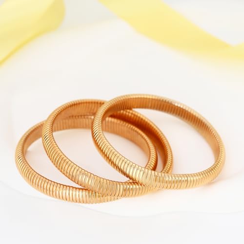 Gold Chunky Stretch Snake Chain Bangle Bracelets Stack for Women Trendy, 18K Gold Filled Stainless Steel Stretchy Womens Stackable Wristband Bangles Bracelet Set - style: 3PCS 10MM EACH