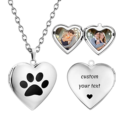 PHOCKSIN Personalized Locket Necklace for Women Photo Necklace with Customized Picture Birth Flower Birthstone Customizable Birthday Gifts - color: #02-Heart Silver Pawprint
