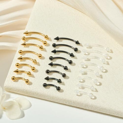 FECTAS 24PCS Eyebrow Rook Piercing Jewelry 16G Earrings Vertical Labret Lip Jewelry Curved Barbell Eyebrow Rings Ear Rook Helix Conch Daith Piercing Jewelry 6/8/10/12mm Plastic Retainers - color: black,gold,clear