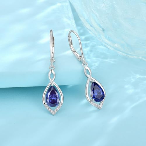Infinity Teardrop Earrings 925 Sterling Silver Dangle Drop Leverback Earrings Birthstone Jewelry for Women - color: Violet Blue