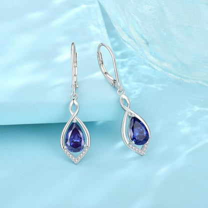 Infinity Teardrop Earrings 925 Sterling Silver Dangle Drop Leverback Earrings Birthstone Jewelry for Women - color: Violet Blue