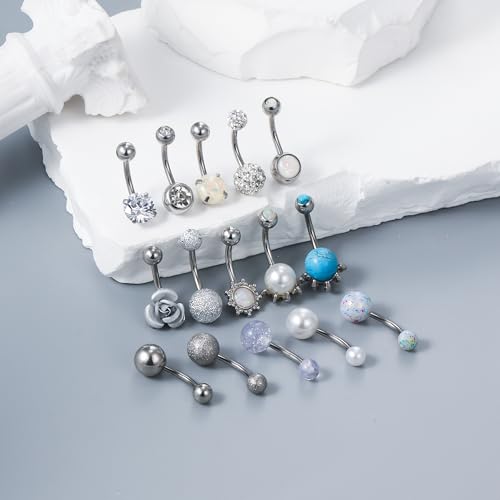 14G Dangle Belly Button Ring Piercing Jewelry 316L Stainless Surgical Steel Heart Flower CZ Reverse Navel Rings Dangling Belly Button Ring Piercing Jewelry for Women 14 Gauge Hypoallergenic - style: 15Pcs Silver