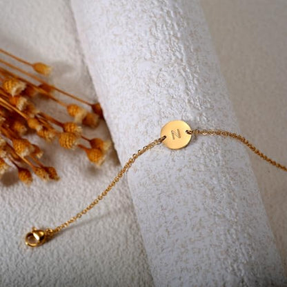 Ovian Initial Charm Bracelet for Women 18K Gold Plated stainless steel Coin Disc Engraved Letter Bracelet Personalized Monogram Name Bracelet - color: F1