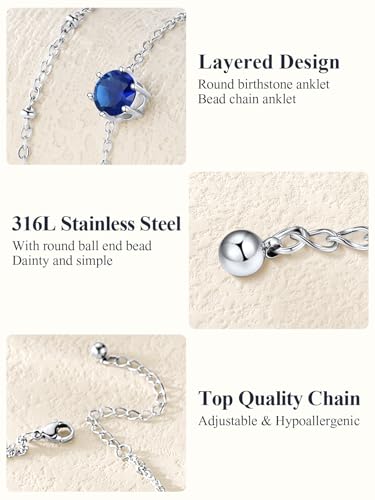 U7 Silver Ankle Bracelet for Women, Waterproof Layered Ankle Round Gem Birthstone Anklets, Summer Beach Foot Jewelry, Adjustable 8.5"-10.5" - color: 09.September-Sapphire Blue
