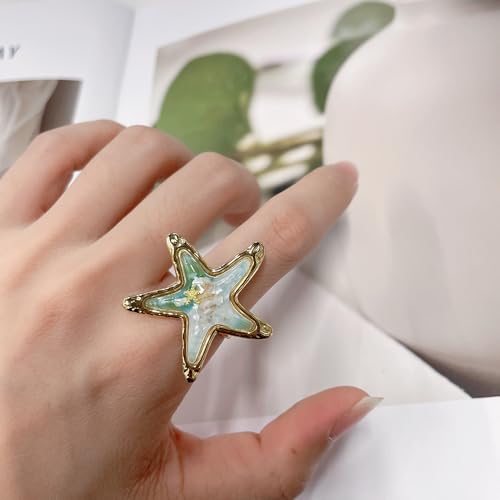 Vintage Starfish Shell Open Rings for Women Stainless Steel Gold Plated Boho Blue Ocean Sea Conch Animal Adjustabel Statement Finger Band Rings Comfirm Fit Summer Beach Holiday Fashion Jewelry