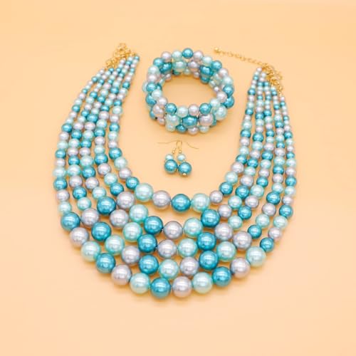 Faux Big Pearl Srand Necklaces for Women 5 Layers Pearls Choker Bib Collar Necklace Bracelet and Earrings set 1920s Costume Pearl Jewelry Bridal Wedding - color: colorful blue