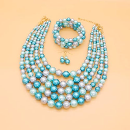 Faux Big Pearl Srand Necklaces for Women 5 Layers Pearls Choker Bib Collar Necklace Bracelet and Earrings set 1920s Costume Pearl Jewelry Bridal Wedding - color: colorful blue