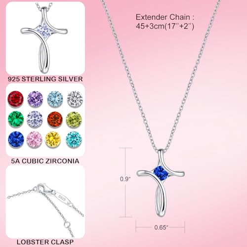 Cross Necklace for Women 925 Sterling Silver Birthstone Necklace for Women | Silver Necklaces with Diamond Sideways Birthstone Jewelry Gifts for Women 45+3cm Adjustable Chain - color: 09-Sep-Sapphire