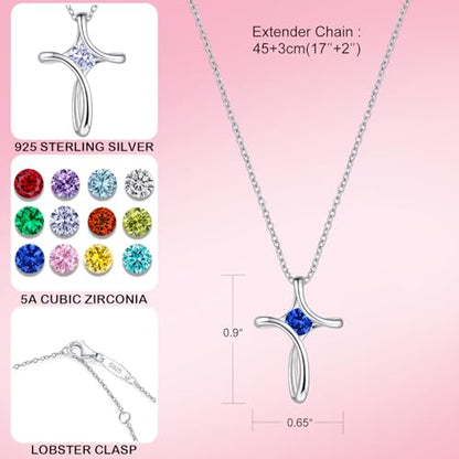Cross Necklace for Women 925 Sterling Silver Birthstone Necklace for Women | Silver Necklaces with Diamond Sideways Birthstone Jewelry Gifts for Women 45+3cm Adjustable Chain - color: 09-Sep-Sapphire