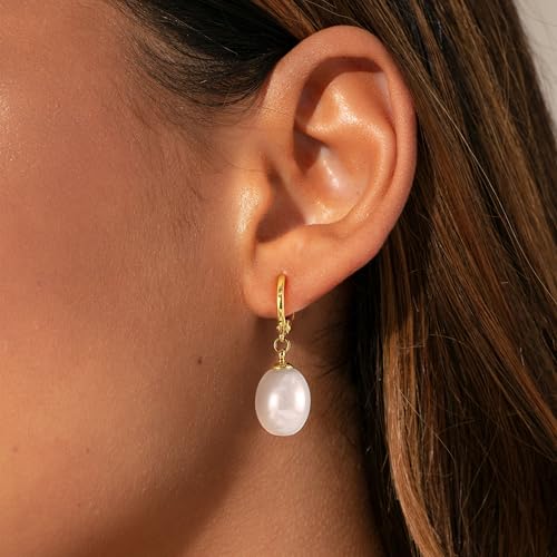 YOIHUR Drop Dangle Pearl Earrings for Women, Dainty 14K Gold Plated Pearl Hoop Earrings Hypoallergenic Wedding Pearls Dangle Earrings Jewelry Gift for Women Bridal - color: Gold-Pure Oriental Pearl Earrings