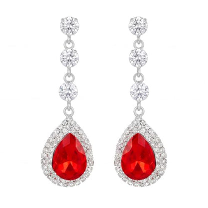 Catery Rhinestone Earrings Silver Crystal Teardrop Earrings Long Wedding Jewelry for Women - color: Red