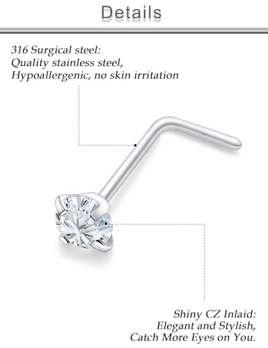 18G 20G 22G 24G Nose Rings Studs 316L Surgical Steel L Shaped Nose Nostril Studs Piercing Jewelry for Women Men Silver Gold Black CZ 1.5mm 2mm 2.5mm 3mm 3.5mm 4mm - style: Silver-24G(0.5mm)-7mm Bars-1.5mm 2mm 2.5mm 3mm CZ