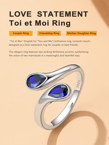 Bestyle Silver Birthstone Ring for Women, Dainty Sterling Silver Teardrop Ring Open Adjustable Band Ring, Love Statement TOI et Moi Ring Promise Ring for Her - color: 09.September ( Sapphire)