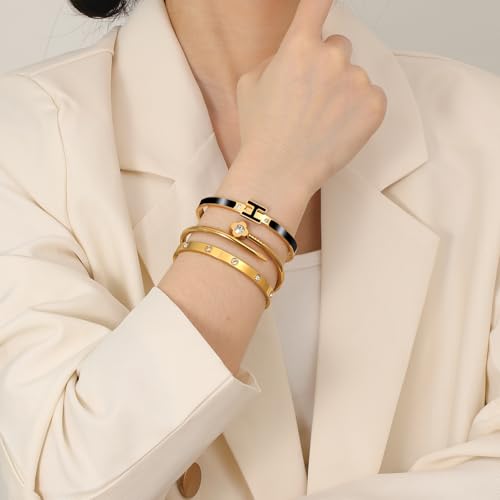 3Pcs Gold Bracelets for Women 14K Gold Plated Love/H/Nail Bangle Bracelet Dainty Non Tarnish Bracelet Jewelry Christmas Mothers Day Gifts for Women - color: 3Pcs Gold/Black H bracelet