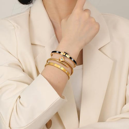 3Pcs Gold Bracelets for Women 14K Gold Plated Love/H/Nail Bangle Bracelet Dainty Non Tarnish Bracelet Jewelry Christmas Mothers Day Gifts for Women - color: 3Pcs Gold/Black H bracelet