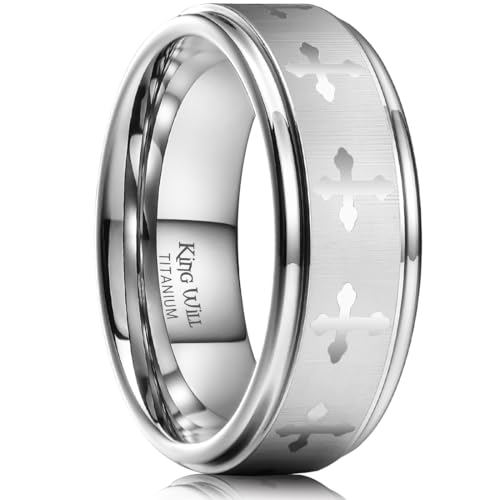 King Will 8mm Titanium Rings for Men Lord's Prayer Engraved Mens Cross Ring Vintage Religious Band Polished Brushed - color: silver
