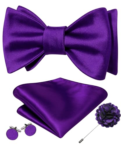 YOHOWA Bow Ties for Men Self-tied Silk Bowtie Solid Color with Lapel Pin and Handkerchief Cufflinks for Wedding Party Prom - color: Soild a Deep Purple