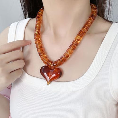 Chunky Heart Necklaces for Women Colorful Resin Beaded Necklaces for Women Gold Puffy Heart Statement Necklace Trendy Acrylic Choker Jewelry Gift - color: Brown